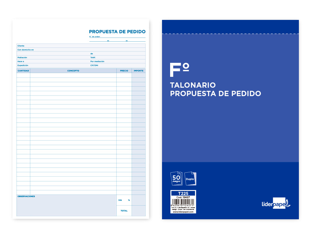 TALONARIO LIDERPAPEL PEDIDOS FOLIO ORIGINAL Y COPIA T225