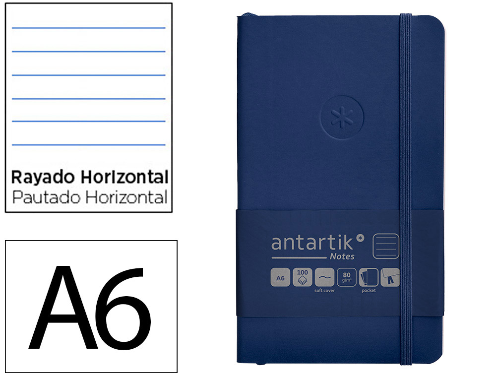 CUADERNO CON GOMILLA ANTARTIK NOTES TAPA BLANDA A6 RAYAS AZUL MARINO 100 HOJAS 80 GR FSC