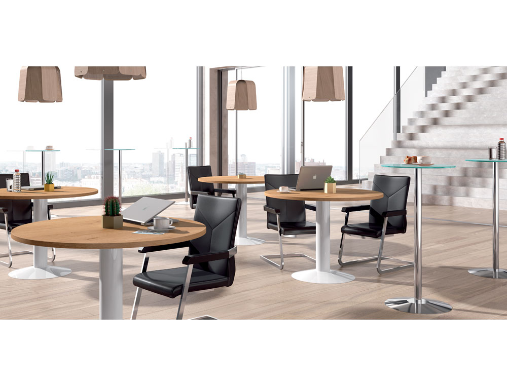 MESA DE REUNION ROCADA MEETING 3005AT04 ESTRUCTURA COLUMNA ACERO GRIS TABLERO MADERA BLANCO 100 CM DIAMETRO
