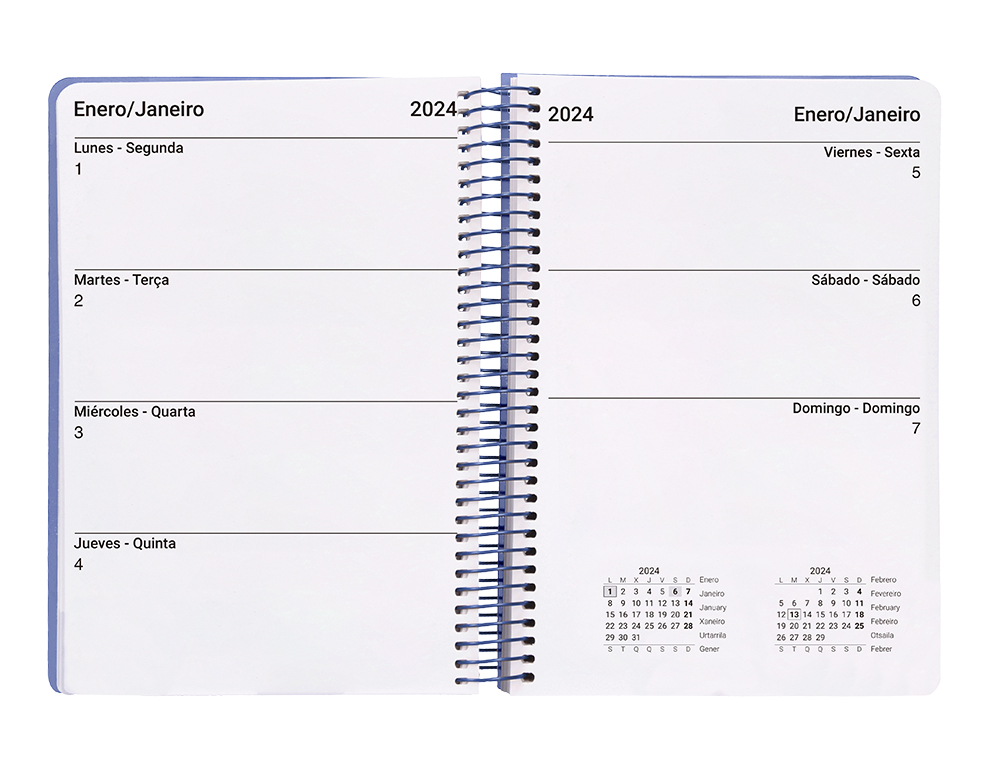 AGENDA ESPIRAL LIDERPAPEL CLASSIC A6 2024 SEMANA VISTA PORTADA POLIPROPILENO PAPEL 70 GR COLOR AZUL
