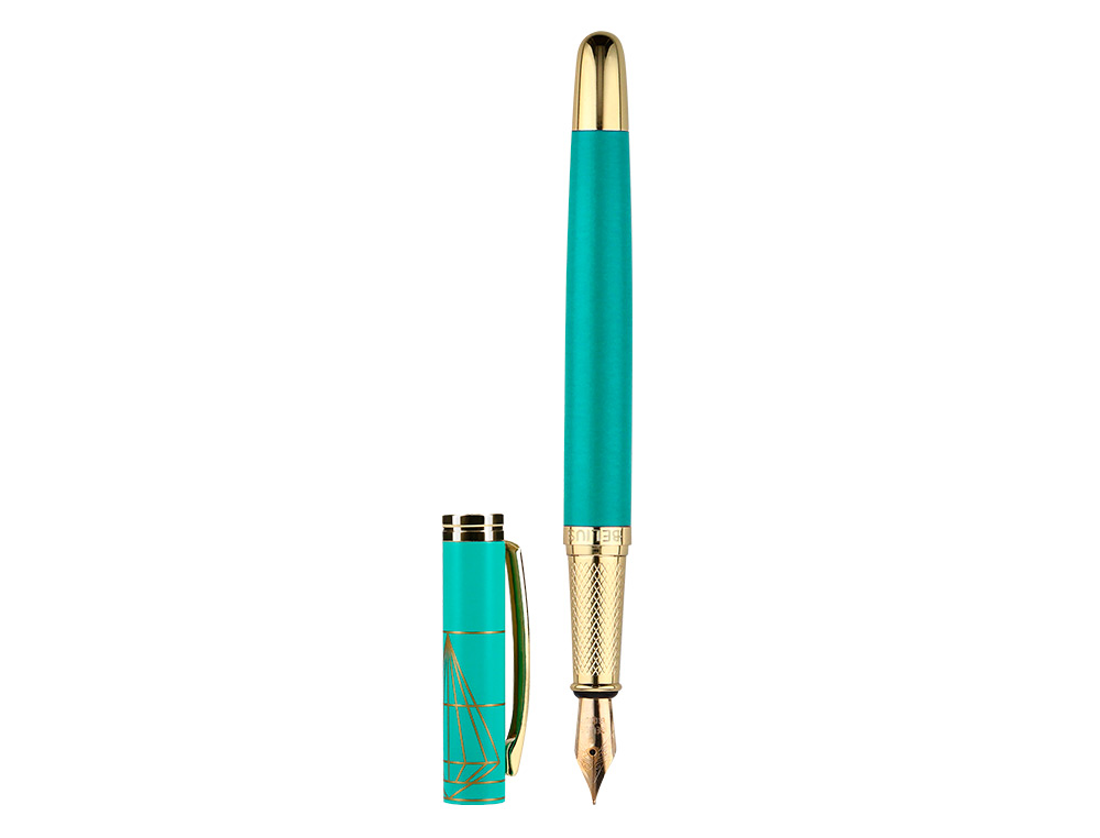 PLUMA Y ESTUCHE BELIUS SOIREE COLOR ART DECO TURQUESA DORADO TINTA AZUL CAJA DE DISEÑO