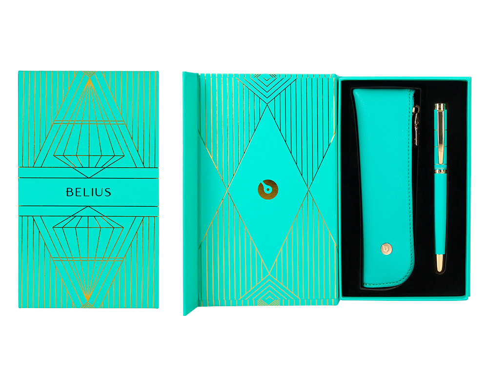 PLUMA Y ESTUCHE BELIUS SOIREE COLOR ART DECO TURQUESA DORADO TINTA AZUL CAJA DE DISEO