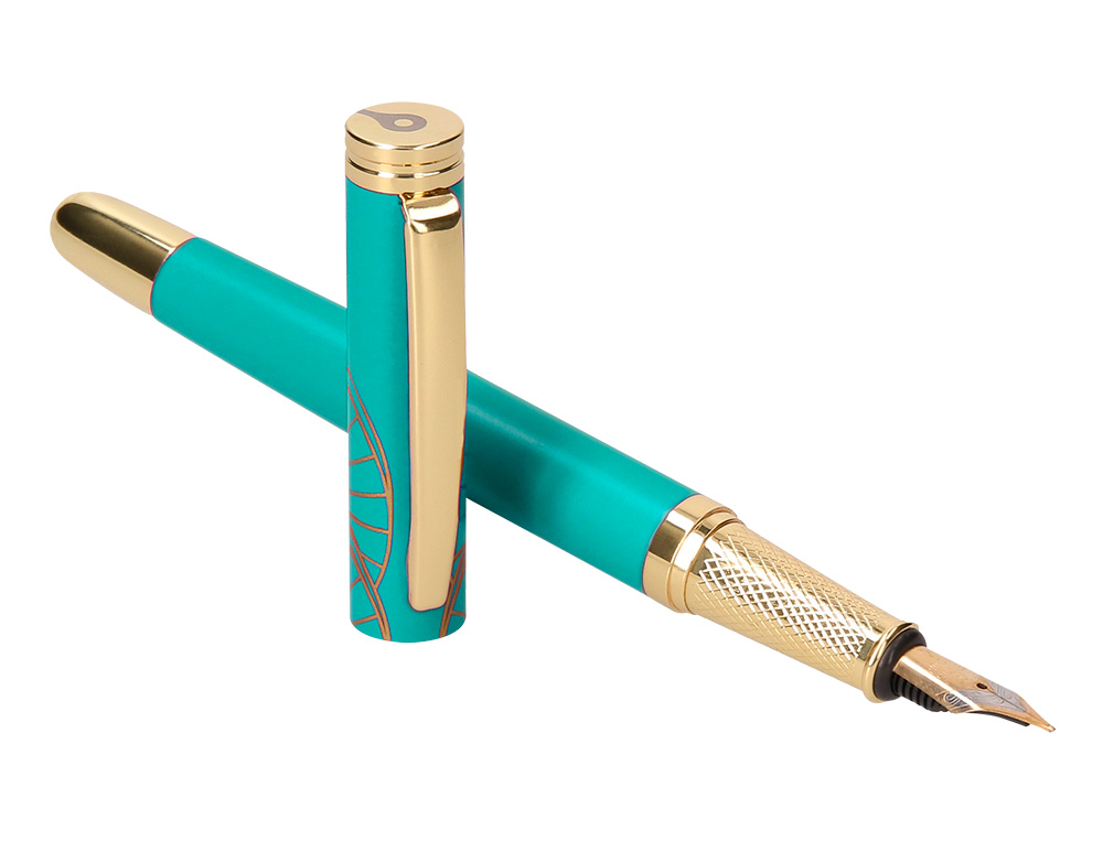 PLUMA Y ESTUCHE BELIUS SOIREE COLOR ART DECO TURQUESA DORADO TINTA AZUL CAJA DE DISEO