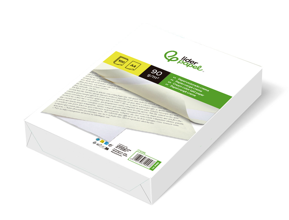 PAPEL VERJURADO LIDERPAPEL A4 90G/M2 CREMA PAQUETE DE 100 HOJAS