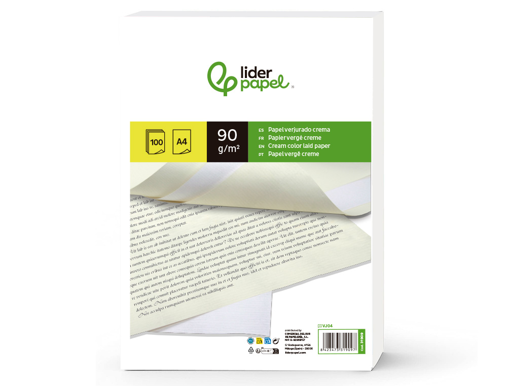 PAPEL VERJURADO LIDERPAPEL A4 90G/M2 CREMA PAQUETE DE 100 HOJAS