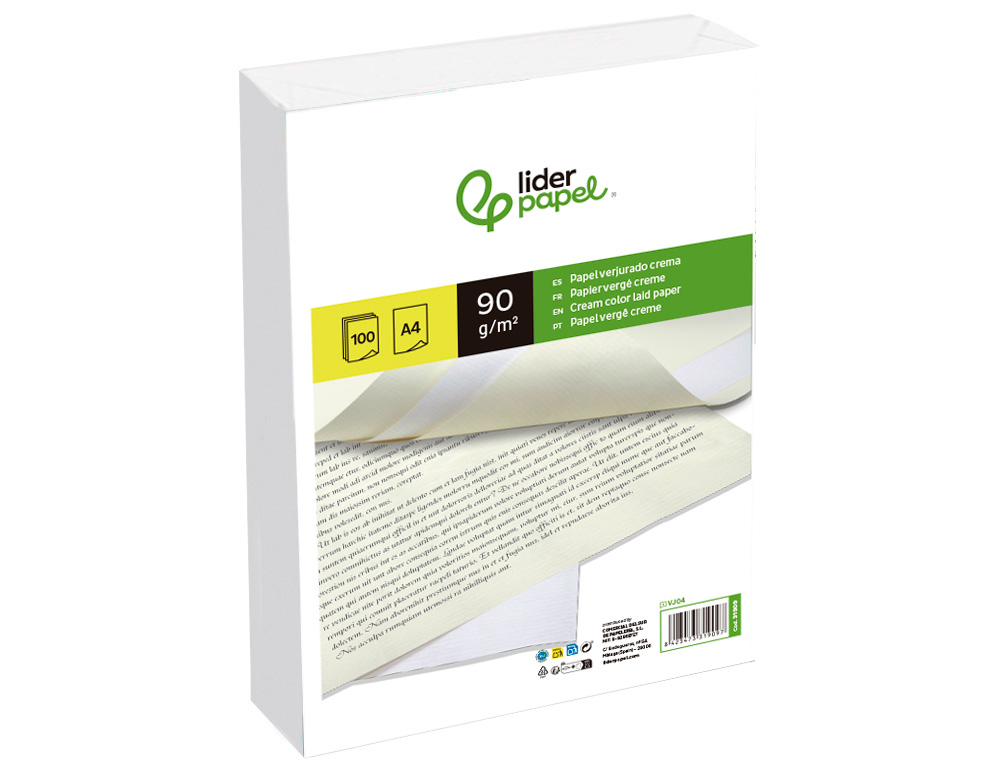 PAPEL VERJURADO LIDERPAPEL A4 90G/M2 CREMA PAQUETE DE 100 HOJAS