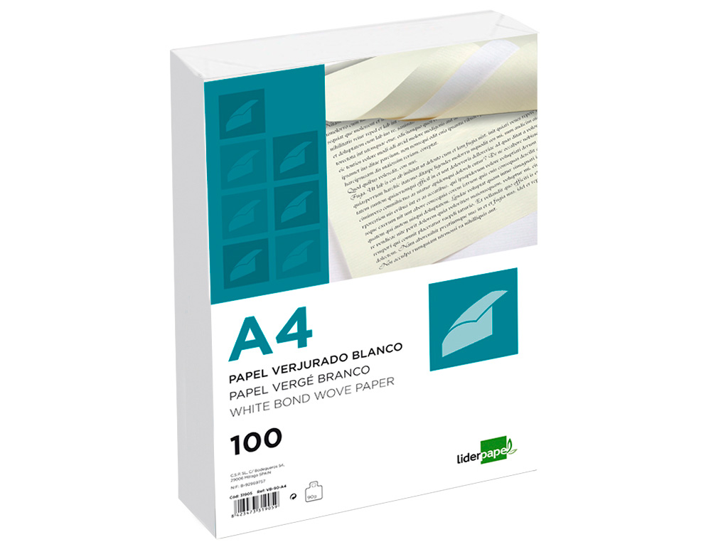 PAPEL VERJURADO LIDERPAPEL A4 90G/M2 CREMA PAQUETE DE 100 HOJAS