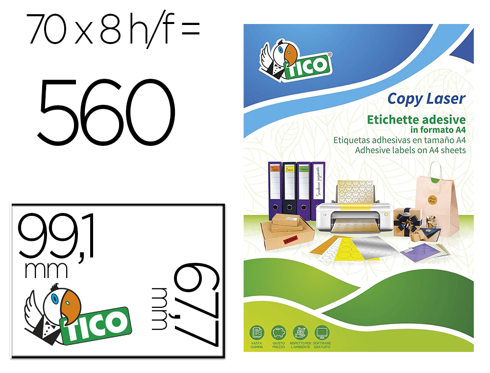 ETIQUETA ADHESIVA TICO NARANJA FLUORESCENTES PERMANENTE FSCLASER/INKJET/FOTOCOPIA 99,1X67,7 MM CAJA DE 560 UNIDADES