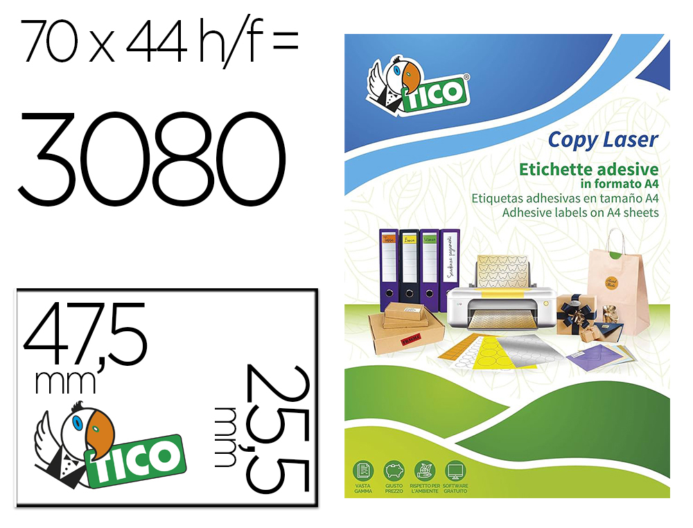 ETIQUETA ADHESIVA TICO NARANJA FLUORESCENTES PERMANENTE FSCLASER/INKJET/FOTOCOPIA 47,5X25,5 MM CAJA DE 3080 UNIDADES