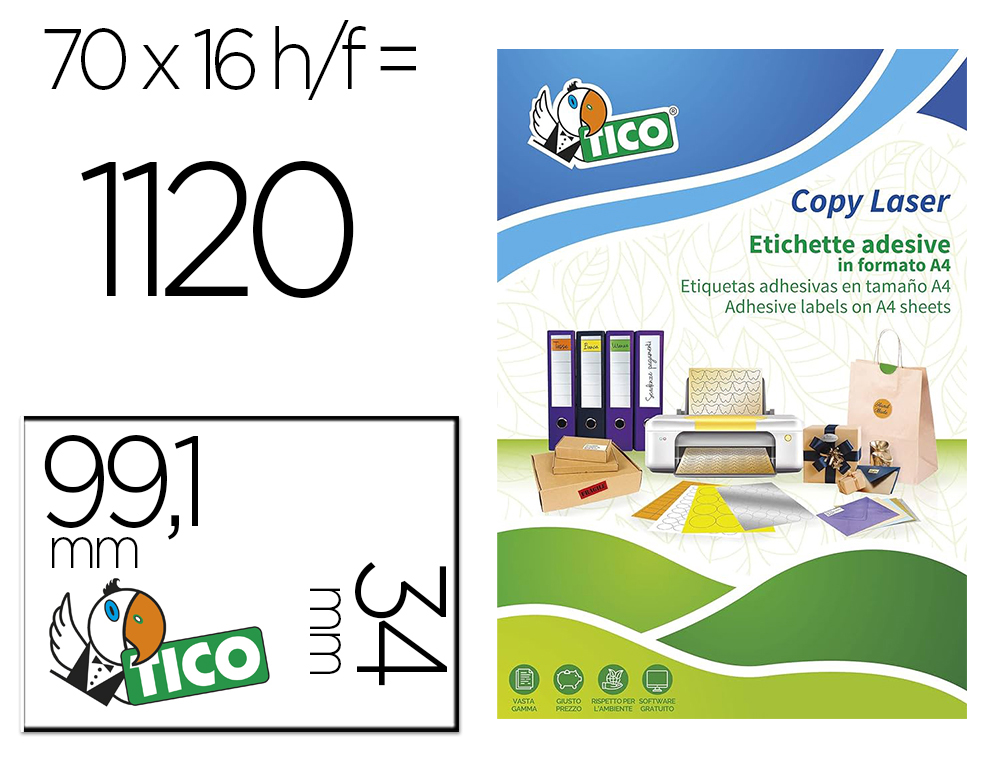 ETIQUETA ADHESIVA TICO NARANJA FLUORESCENTES PERMANENTE FSCLASER/INKJET/FOTOCOPIA 99,1X34MM CAJA DE 1120 UNIDADES