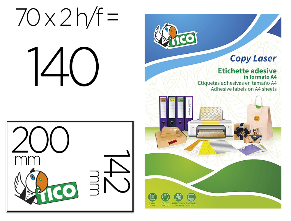 ETIQUETA ADHESIVA TICO NARANJA FLUORESCENTES PERMANENTE FSCLASER/INKJET/FOTOCOPIA 200X142MM CAJA DE 140 UNIDADES