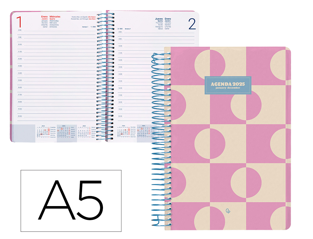 AGENDA ESPIRAL LIDERPAPEL CLASSIC A5 2025 DIA PAGINA COLOR ROSA PAPEL 70 GR