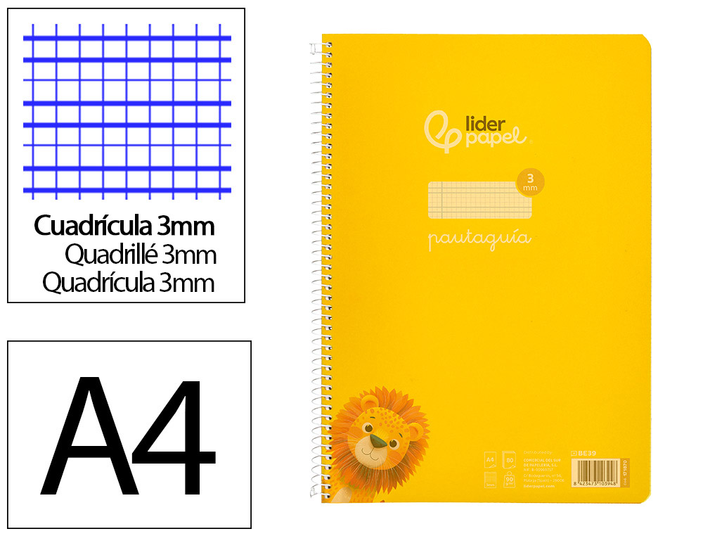 CUADERNO ESPIRAL LIDERPAPEL DIN A4 PAUTAGUIA TAPA PLASTICO 80H 90GR CUADRO PAUTADO 3MM CON MARGEN COLOR AMARILLO