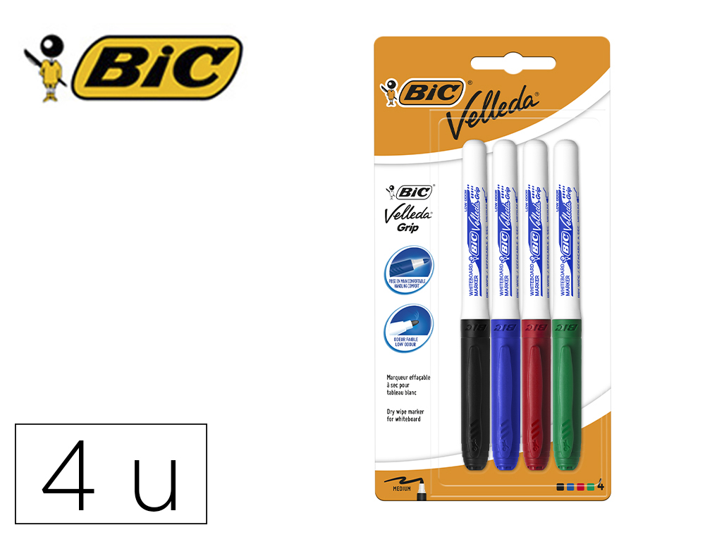 ROTULADOR BIC VELLEDA GRIP TRAZO 1,2 MM BLISTER 4 UNIDADES COLORES SURTIDOS