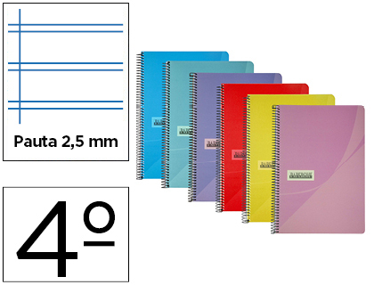CUADERNO ESPIRAL PAPERCOP CUARTO TAPA PLASTICO 80H 90 GR PAUTA 2,5 MM CON MARGEN COLORES SURTIDOS