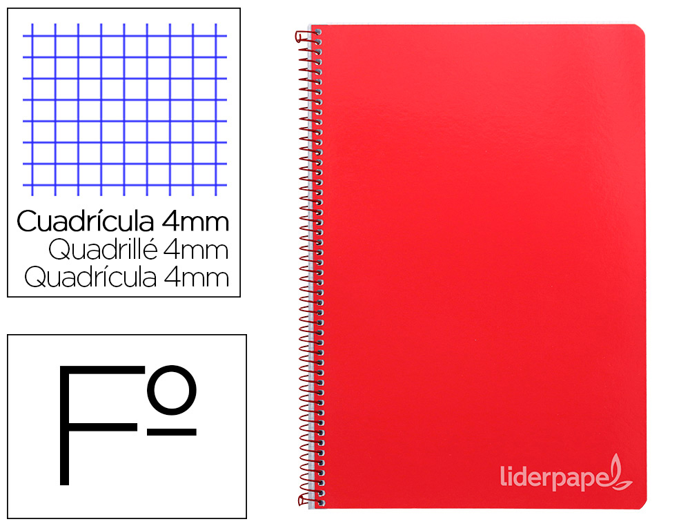 CUADERNO ESPIRAL LIDERPAPEL FOLIO WITTY TAPA DURA 80H 75GR CUADRO 4MM CON MARGEN COLOR ROJO