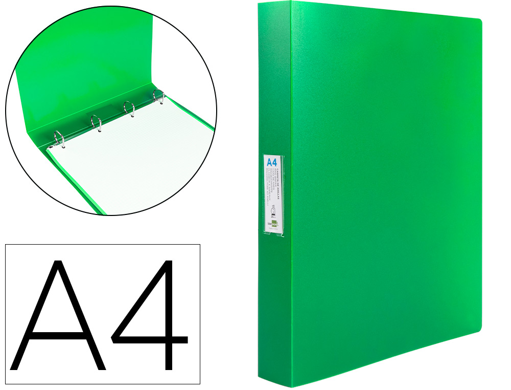 CARPETA LIDERPAPEL 4 ANILLAS 25 MM MIXTAS POLIPROPILENO DIN A4 VERDE MANZANA OPACO