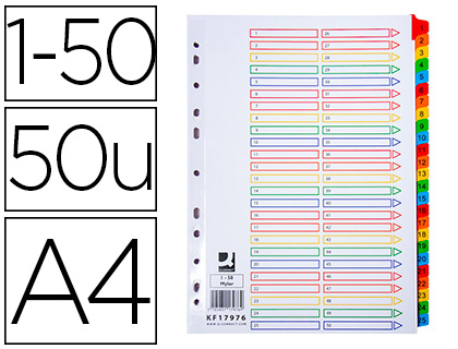 SEPARADOR NUMERICO Q-CONNECT CARTON 1-50 JUEGO DE 50 SEPARADORES DIN A4 MULTITALADRO