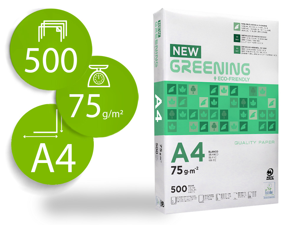 PAPEL FOTOCOPIADORA GREENING DIN A4 75 GRAMOS PAQUETE DE 500 HOJAS