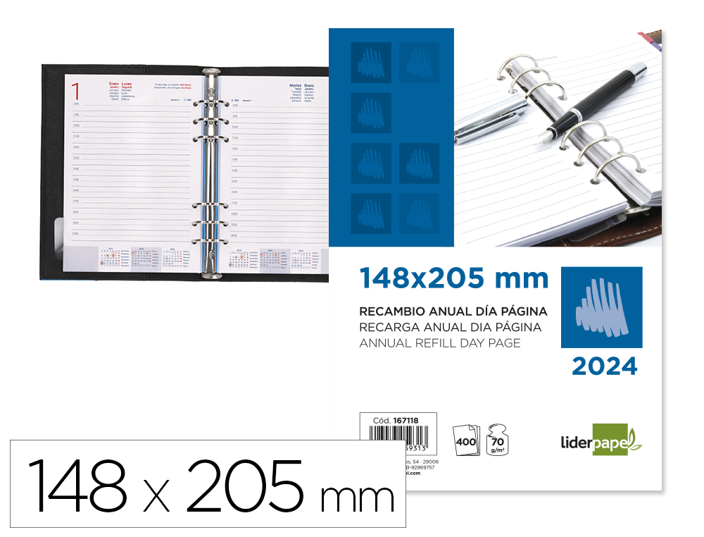 RECAMBIO AGENDA ANILLAS LIDERPAPEL 14,8X20,5 CM 2024 DIA PAGINA PAPEL 70 GR