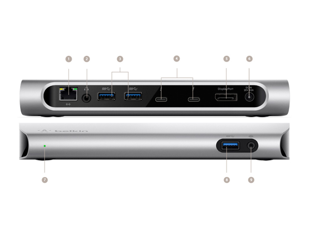ADAPTADOR BELKIN F4U095VF THUNDERBOLT 3 EXPRESS 3XUSB-A 2XUSB-C AUDIO ETHERNET GIGABYTE DISPLAYPORT SD 170W