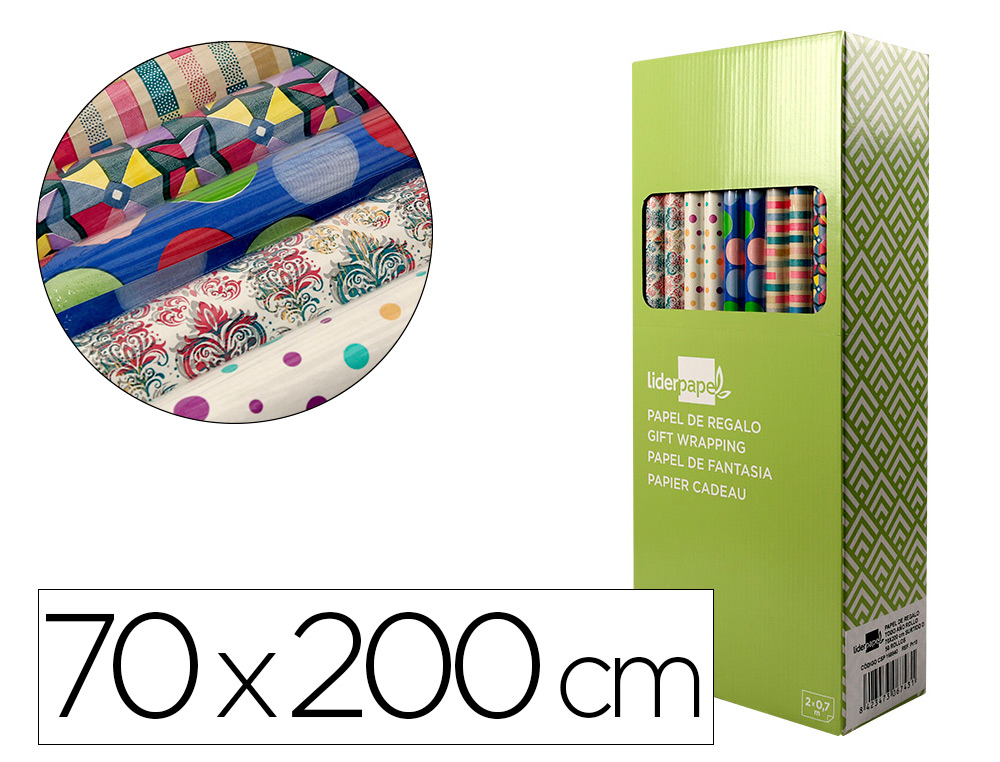 PAPEL DE REGALO LIDERPAPEL TODO AO ROLLO ANCHO 70 CM LONGITUD 2 MT GRAMAJE 60 GR DISEOS SURTIDOS