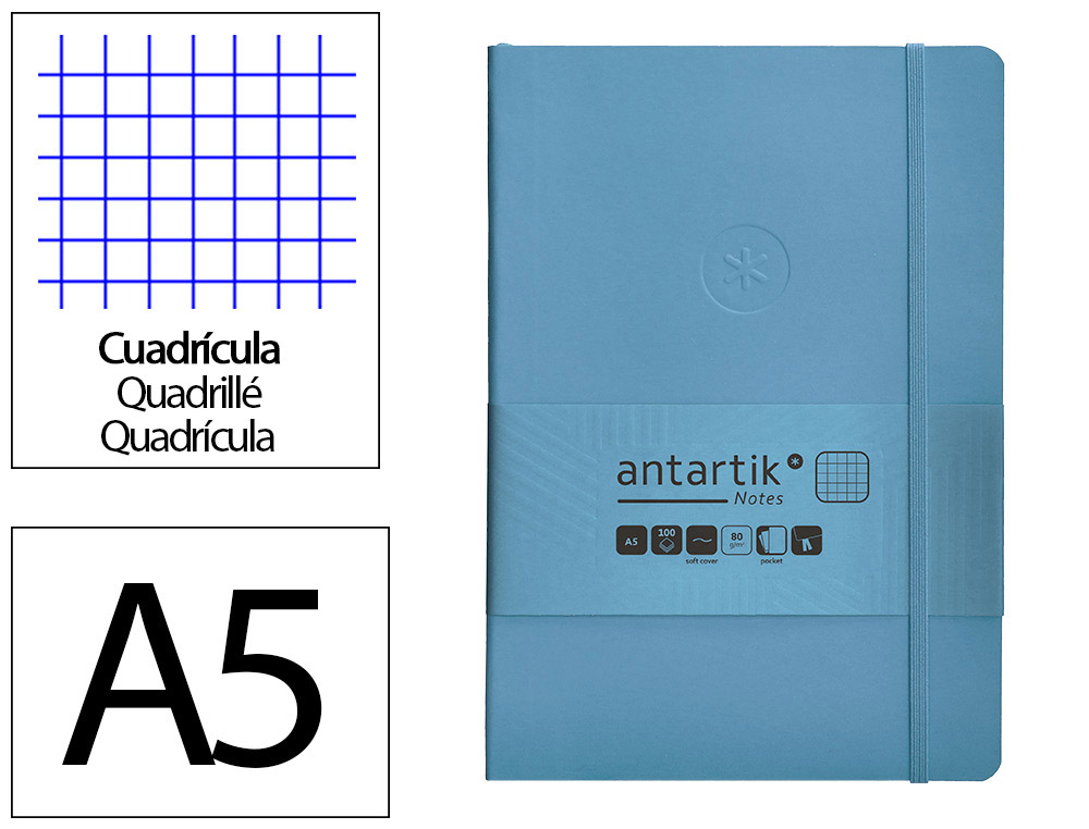 CUADERNO CON GOMILLA ANTARTIK NOTES TAPA BLANDA A5 HOJAS CUADRICULA AZUL CLARO 80 HOJAS 80 GR FSC