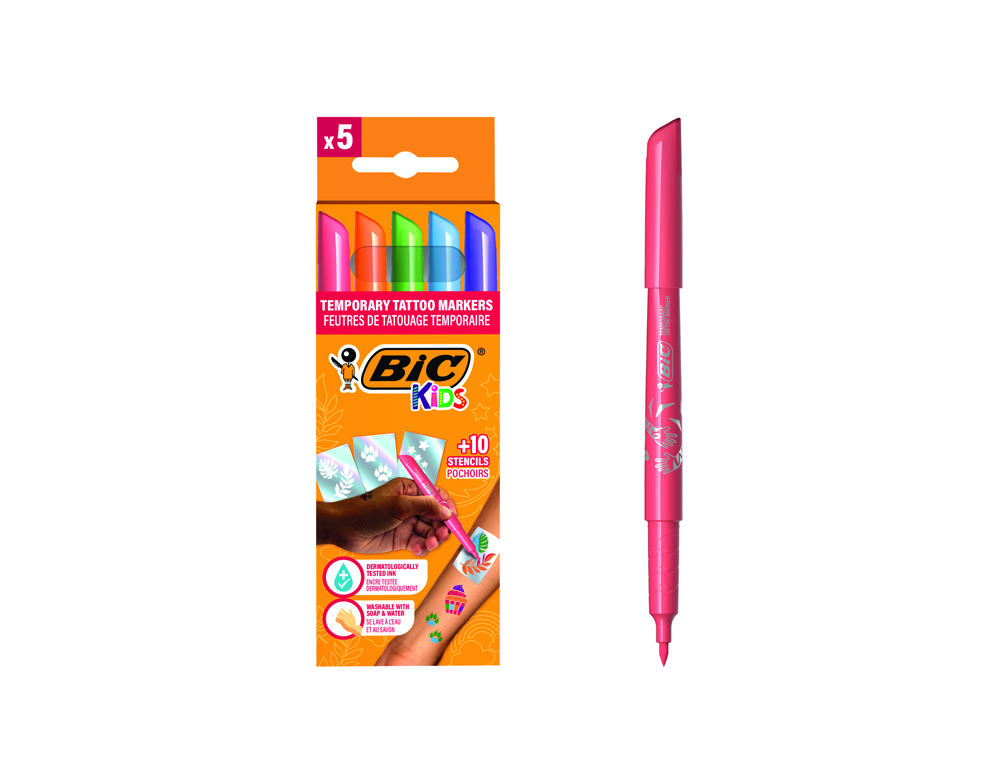 ROTULADOR BIC KIDS TATTOO CAJA DE 5 UNIDADES COLORES SURTIDOS + 10 PLANTILLAS