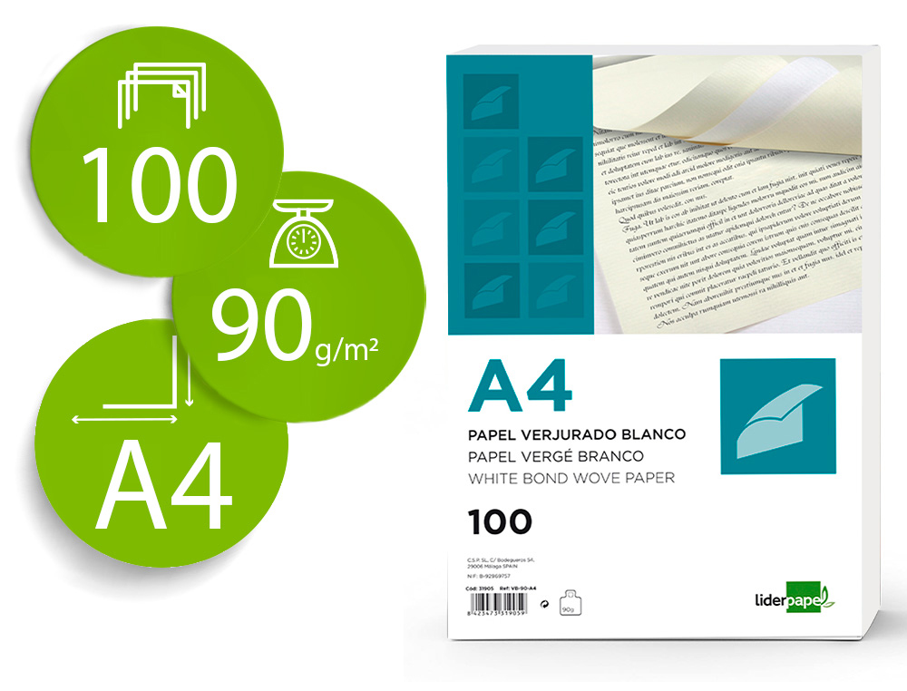 PAPEL VERJURADO LIDERPAPEL A4 90G/M2 CREMA PAQUETE DE 100 HOJAS