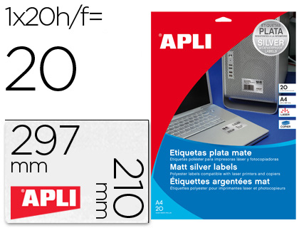 ETIQUETA ADHESIVA APLI 10071 METALIZADA 210X297 MM PARA FOTOCOPIADORA LASER CAJA 20 HOJAS